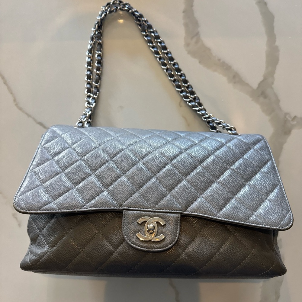 Chanel grey quilted caviar leather maxi classic